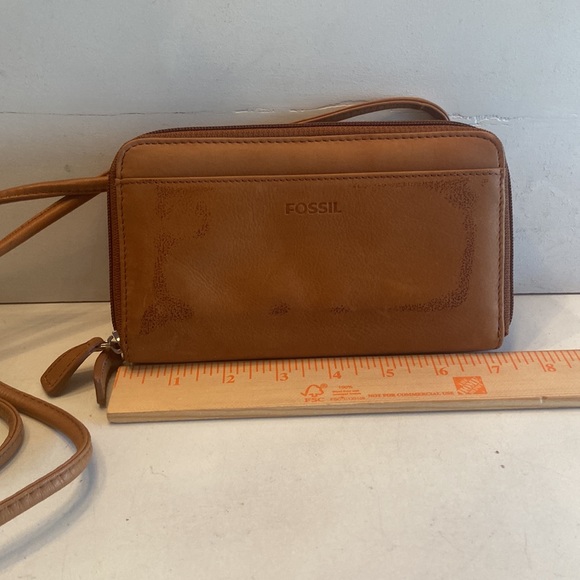 Fossil brown leather double zip around multi pocket clutch bag with strap - Picture 10 of 16